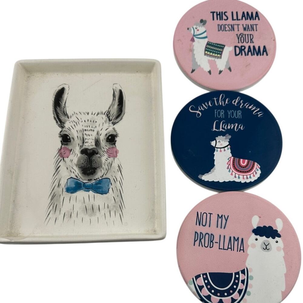 Magenta Llama Trinket Key Tray & 3 Coasters Funny Llama Decor Set